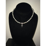 Fresh Water Pearl w/ Crystal and Silver Cross Necklace