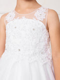 Girls White Ankle Length Tulle Dress with Crystal Applique