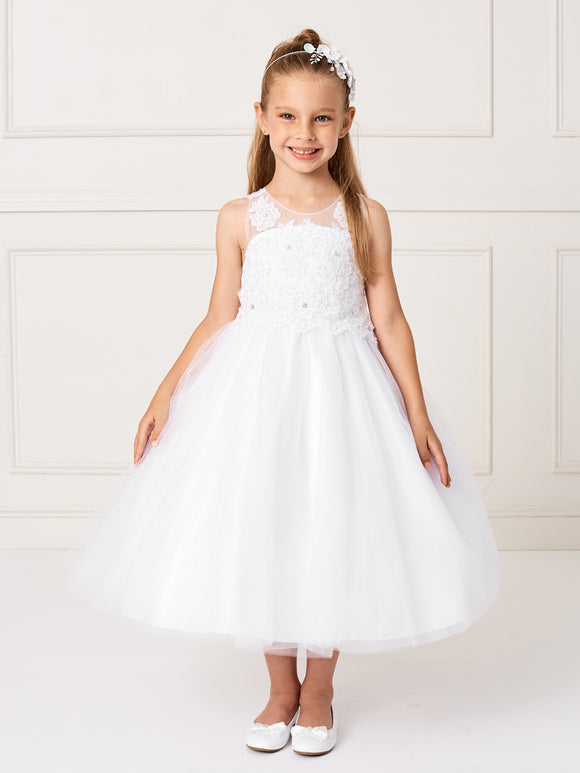 Girls White Ankle Length Tulle Dress with Crystal Applique