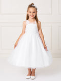 Girls White Ankle Length Tulle Dress with Crystal Applique