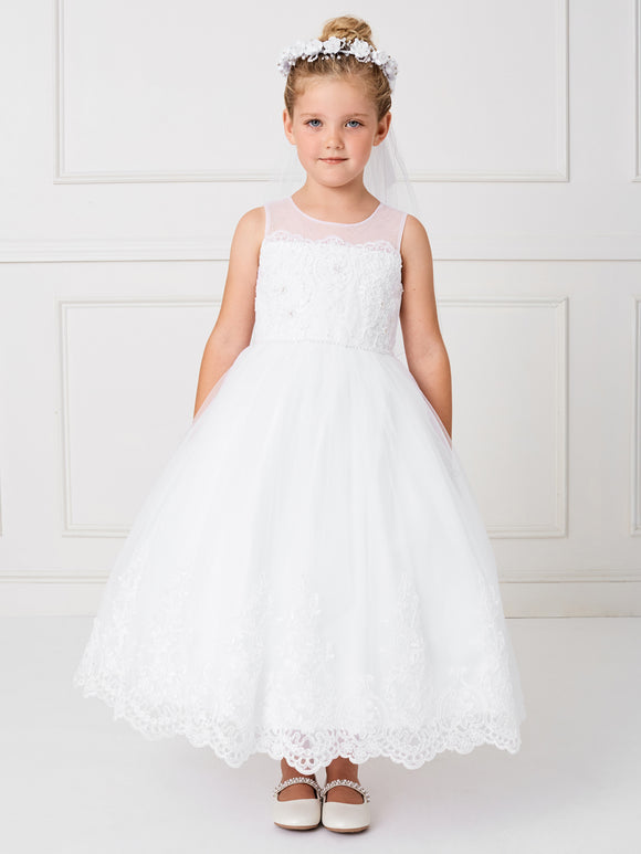 Girls Ankle Length Dress with Tulle and Lace Trim