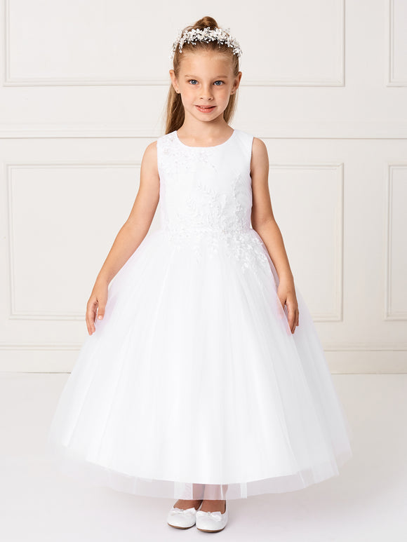 Girls White or Ivory Delicate Floral Applique Dress
