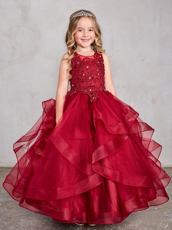 Girls Tulle Layered Floor Length Dress with Crystal