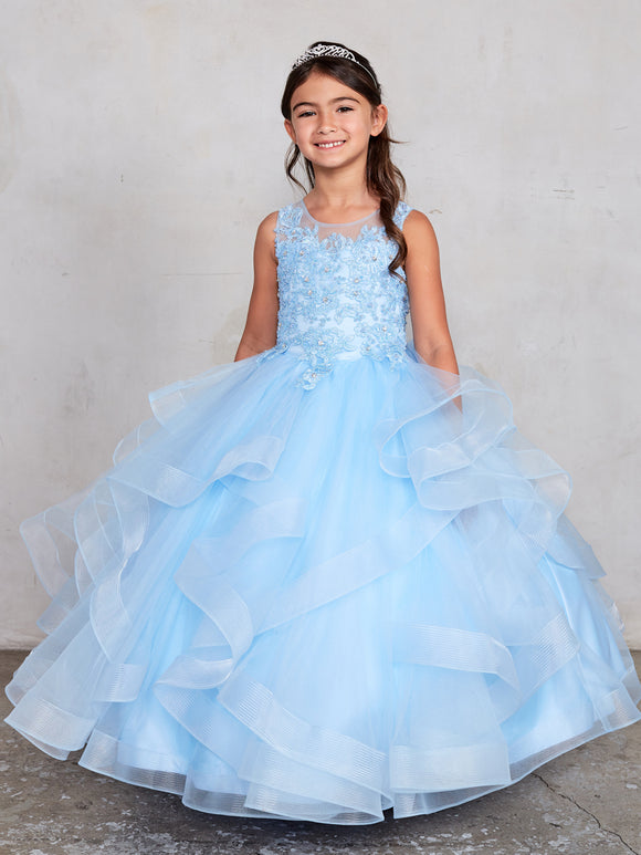 Girls Tulle Layered Floor Length Dress with Crystal