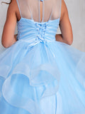 Girls Tulle Layered Floor Length Dress with Crystal