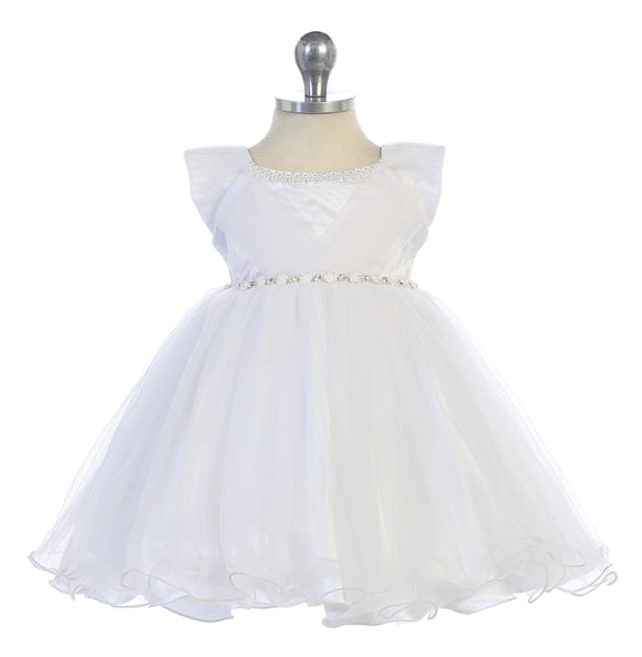Baby Infant Girl Dress with Pearl and Crystal Waistband and Tulle Skirt