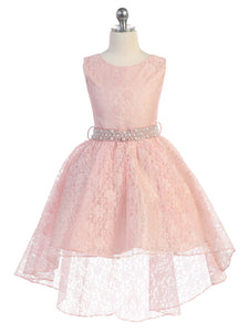 Girls Hi-Low Lace All-Over Dress with Pearl and Crystal Waistband