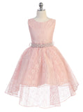 Girls Hi-Low Lace All-Over Dress with Pearl and Crystal Waistband