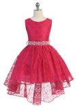 Girls Hi-Low Lace All-Over Dress with Pearl and Crystal Waistband