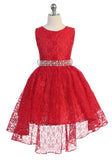 Girls Hi-Low Lace All-Over Dress with Pearl and Crystal Waistband