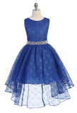 Girls Hi-Low Lace All-Over Dress with Pearl and Crystal Waistband