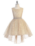 Girls Hi-Low Lace All-Over Dress with Pearl and Crystal Waistband