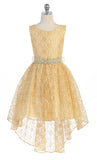 Girls Hi-Low Lace All-Over Dress with Pearl and Crystal Waistband