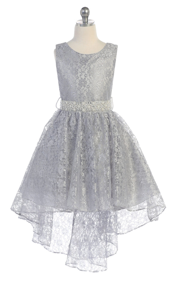 Girls Hi-Low Lace All-Over Dress with Pearl and Crystal Waistband