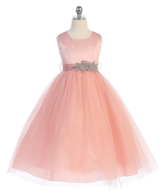 Girls Satin Dress With Tulle and Crystal Floral Sash