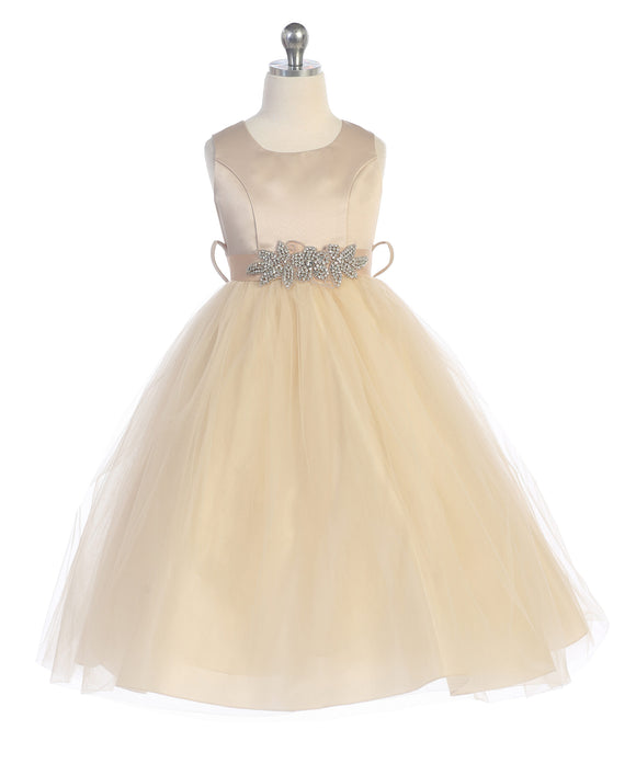 Girls Satin Dress With Tulle and Crystal Floral Sash