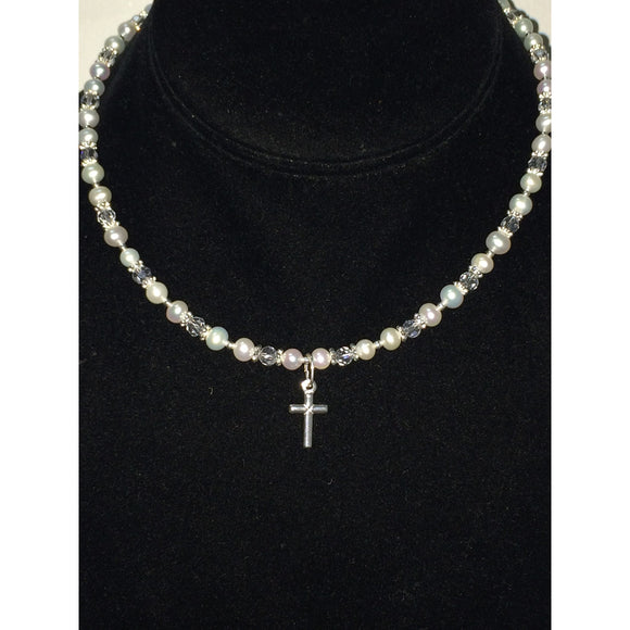 Fresh Water Pearl w/ Crystal and Silver Cross Necklace