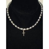 Fresh Water Pearl w/ Crystal and Silver Cross Necklace
