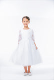 Girls White 3/4 Lace Sleeve Tea Length Dress