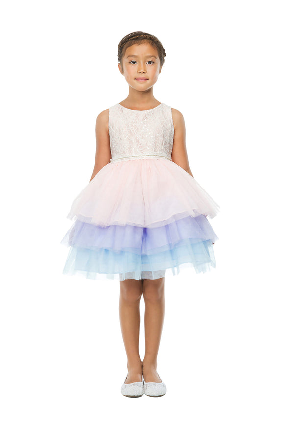 Girls Tulle Layered Dress with Lace Top