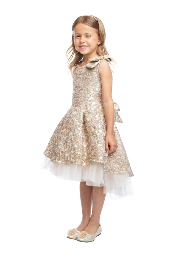 Girls Hi-Low Pleated Dress with Tulle Trim
