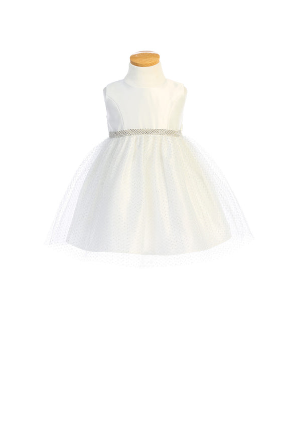 Off-White Baby Dress with Satin and Silver Tulle Skirt