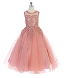 Girls Floor Length Tulle and Lace Applique Dress with Open Back