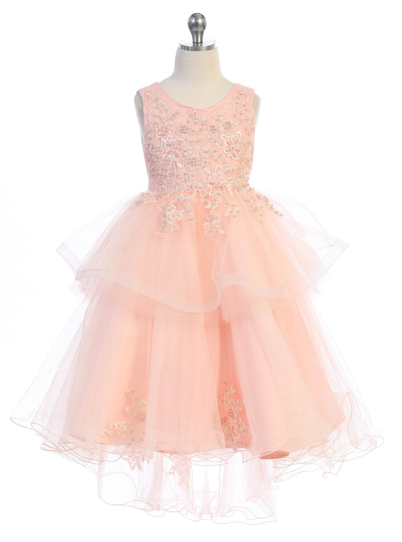 Girls Hi-Low Tulle with Pearl Appliqué Dress