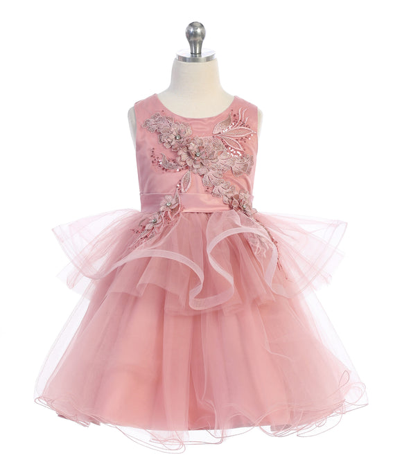 Girls Ankle Length Tulle Dress with Floral Appliqué