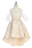 Girls Hi-Low 3/4 Sleeve Lace Dress with Crystal Waistband
