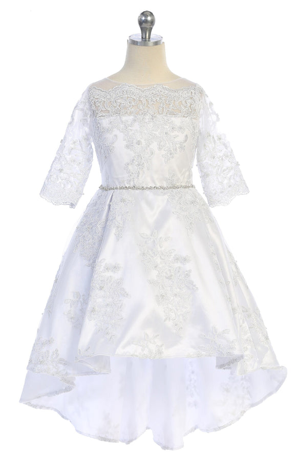Girls Hi-Low 3/4 Sleeve Lace Dress with Crystal Waistband